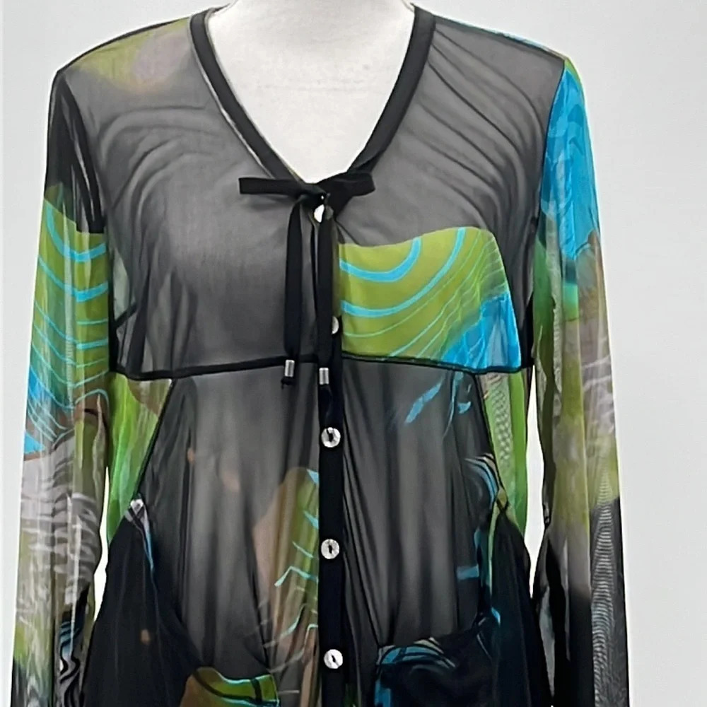 Joseph Ribkoff Sheer Mesh Abstract Button Up Tuni… - image 2